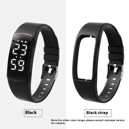 Smart electronic watch with vibration alarm on a silicone strap, showing LED display and 11mm thick case.