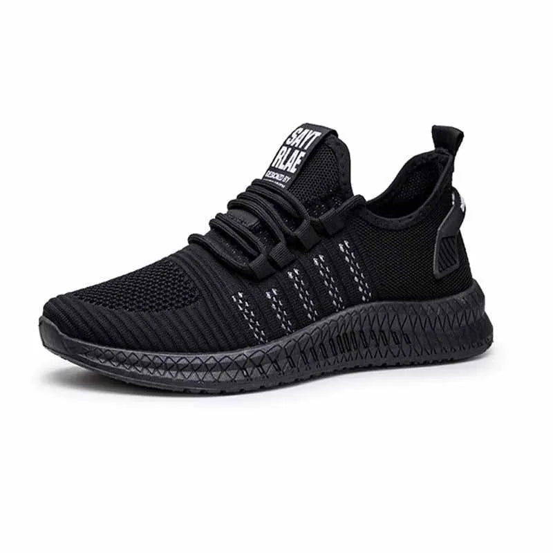 Men's black casual sports shoes with cross-strap detail and a Flying Weave upper, shown on a white background.