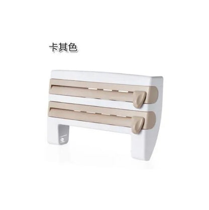 White wall-mounted kitchen roll holder dispenser for cling film, foil, and paper towels.