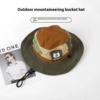 Army Green women's fisherman hat with flat top crown and retro patchwork design
