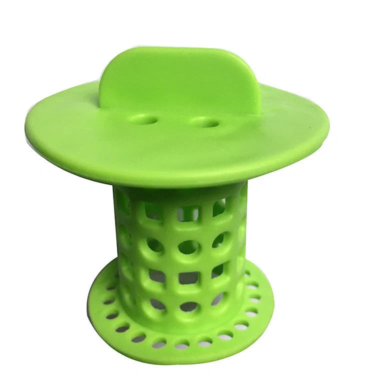 Anti-clogging plastic sink filter in blue, green, orange, and white