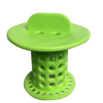 Anti-clogging plastic sink filter in blue, green, orange, and white