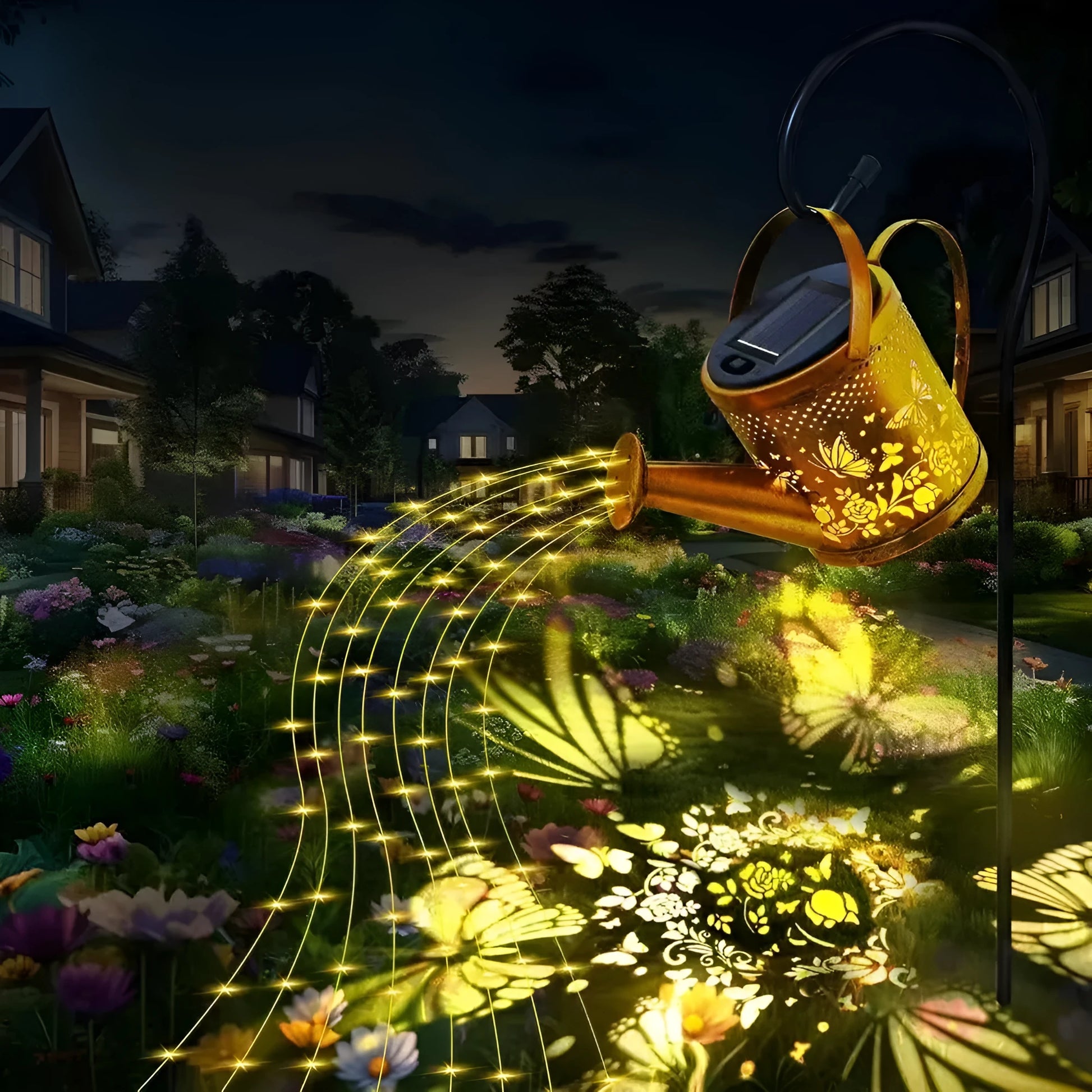 Solar-powered butterfly kettle lamp for outdoor courtyard decoration with wrought iron construction