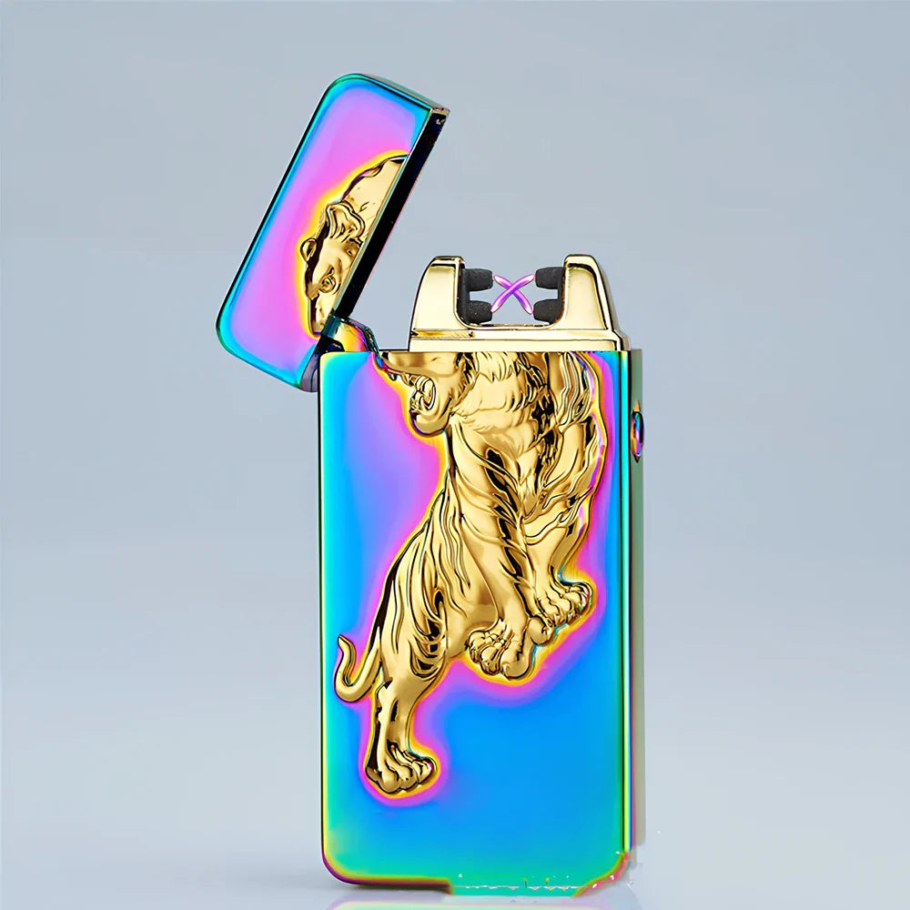 USB charging windproof metal lighter in Ice Golden Dragon design, 73.5x35x13mm compact size for reliable flame
