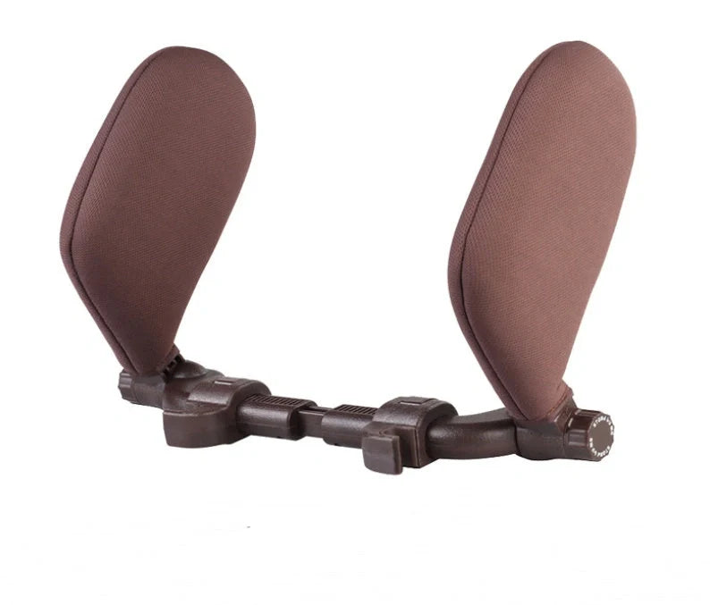 Adjustable car seat headrest pillow with memory foam support in grey, beige, black, and coffee colors