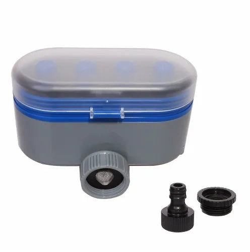 Dual timer automatic garden watering controller with battery compartment for cordless irrigation.