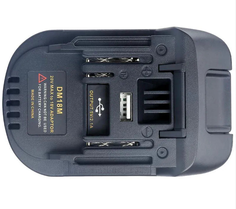 Black battery adapter for converting Milwaukee DM18M tools to MAKITA H99F batteries