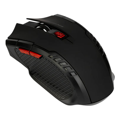 Black wireless computer mouse with six buttons and USB receiver, 100-120mm size