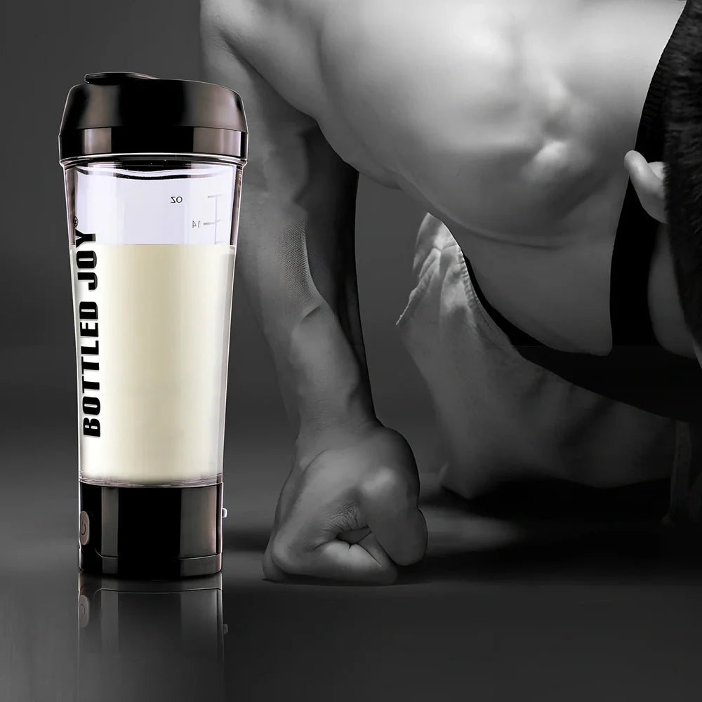 Black USB electric shaker bottle with measurement markings and automatic mixing technology