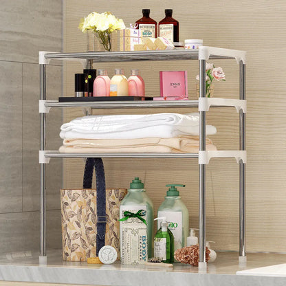 Silver and white microwave shelf rack in 2-tier or 3-tier with iron tubes and plastic connectors