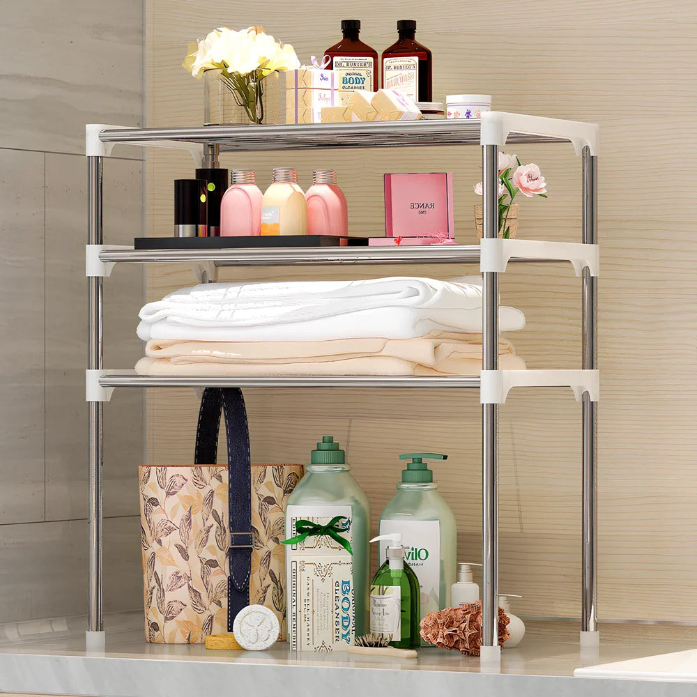 Silver and white microwave shelf rack with two tiers organising kitchen spices and essentials