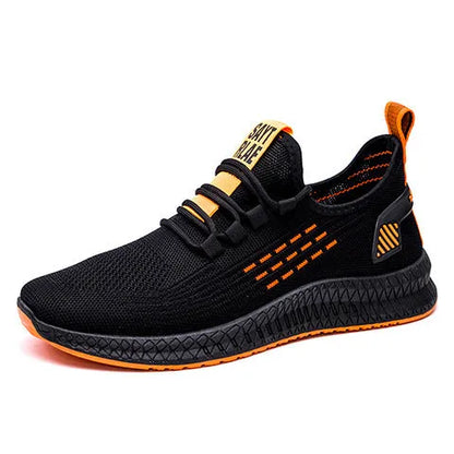 Men's black casual sports shoes with cross-strap detail and a Flying Weave upper, shown on a white background.