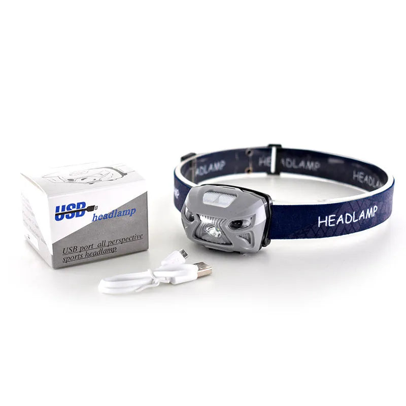 Black waterproof LED head-mounted sensor headlight with adjustable webbing headband