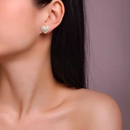 Golden heart-shaped S925 silver moissanite unisex stud earrings, one pair