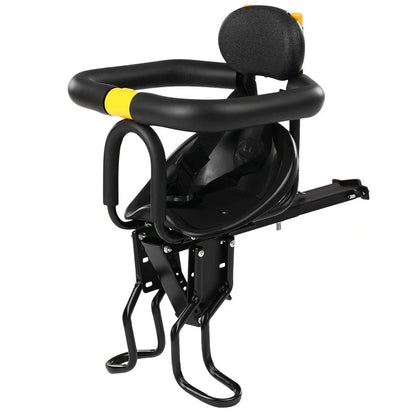 Black front bicycle child seat with 20kg capacity, foldable pedals, and aluminum frame mounted on bike seatpost