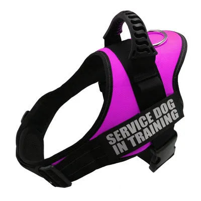 Adjustable reflective nylon dog harness vest with a sturdy handle and chest strap, shown on a size chart.