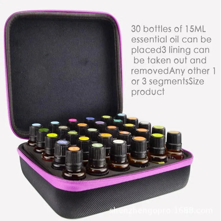 Red cube-shaped EVA essential oil storage bag with 30 compartments, shown mounted on a wall.