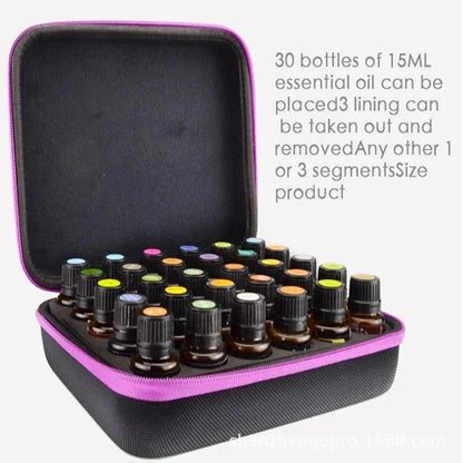 Red cube-shaped EVA essential oil storage bag with 30 compartments, shown mounted on a wall.