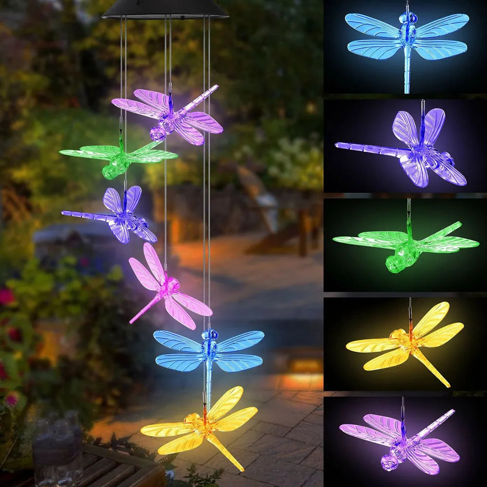 Solar wind chime with colour-changing LED, hummingbird and butterfly designs, waterproof outdoor hanging light for patio yard garden