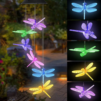 Solar wind chime with colour-changing LED, hummingbird and butterfly designs, waterproof outdoor hanging light for patio yard garden