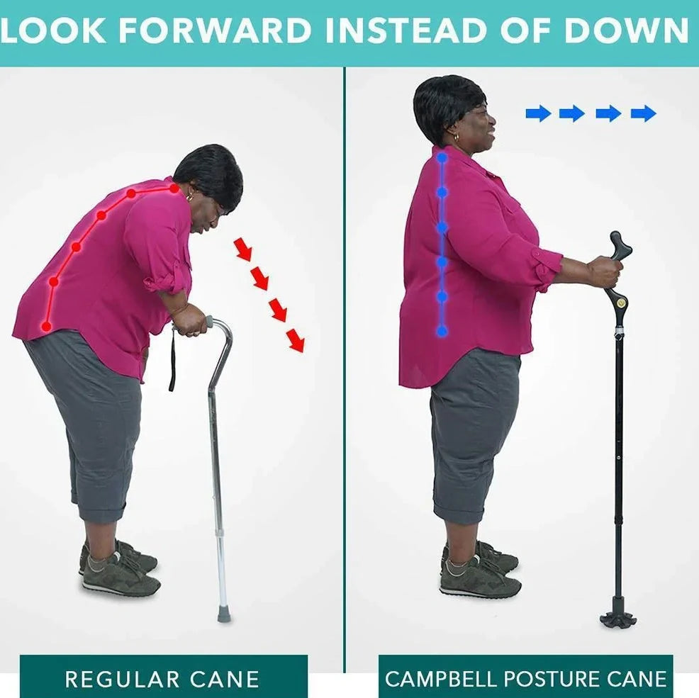 Telescopic folding walking stick with ergonomic handle and six rubber tips for stability