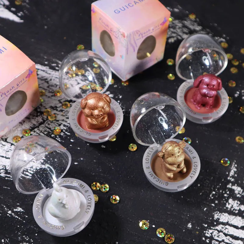 Cute animal-shaped holographic highlighter eyeshadow compact, 5.6g, 68 x 68 x 5mm, Chickens Dog Monkey Pig designs