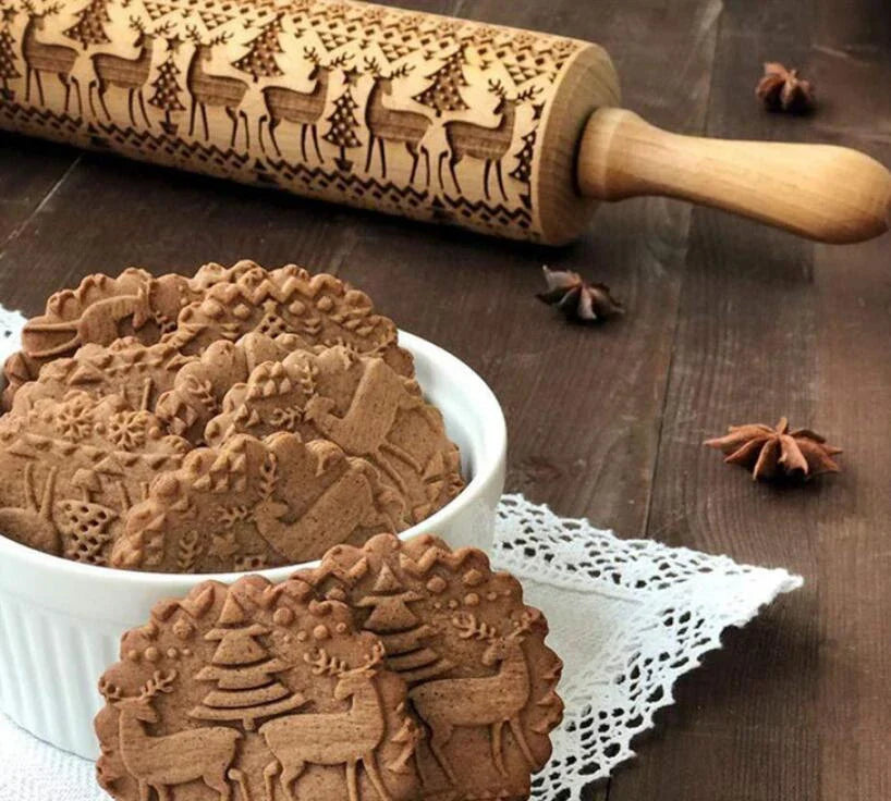 Festive rolling pin with embossed Christmas designs for easy imprinting on dough