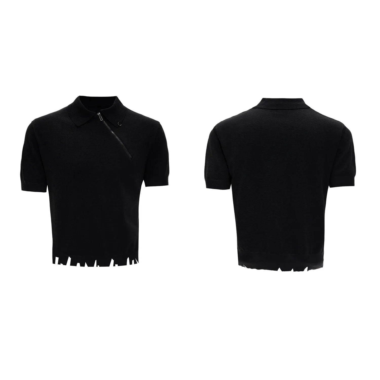 Man wearing a slim-fit black polo shirt with an oblique diagonal zipper and short sleeves.