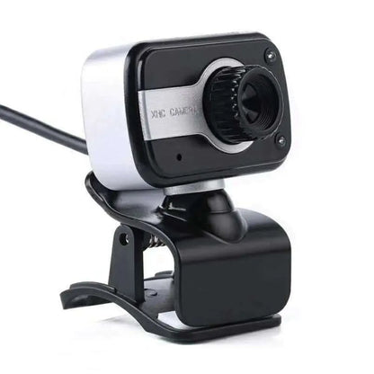 Blue mini USB webcam with a 1.45m cable showing its 360-degree rotating head on a laptop.