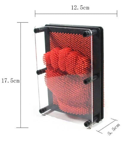 A customizable 3D sculpture impression frame with an array of pins that can capture the contours of any object pressed into it.
