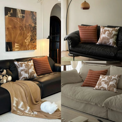 Chinese ancient style 45cm square cushion with geometric pattern in feather velvet, brown colour variations