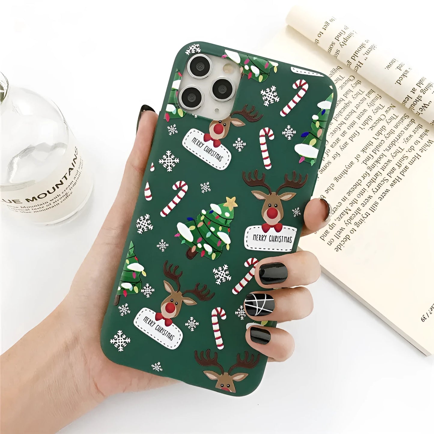 Green TPU iPhone case with Christmas elk and tree cartoon design for multiple iPhone models