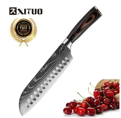 Professional chef knife with laser-etched Damascus pattern on 7Cr17 steel blade and coloured wood handle.