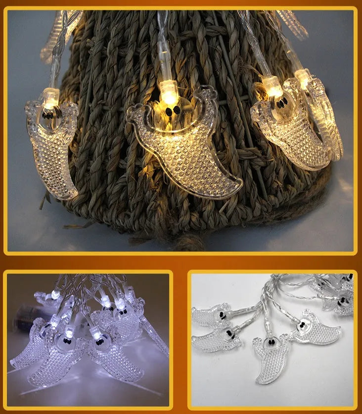 Halloween LED string lights with bat, ghost, and pumpkin pendants on a 1.2 metre white cable.
