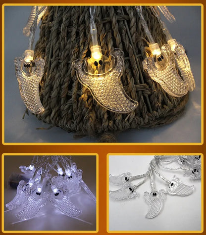Halloween LED string lights with bat, ghost, and pumpkin pendants on a 1.2 metre white cable.