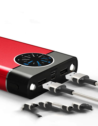 Black, red, and blue coloured 20000mAh fast charging portable power bank with alloy casing.