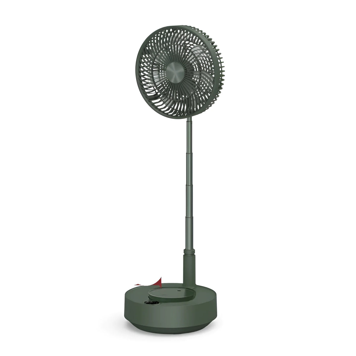 Green rechargeable floor fan with humidifier in extended position showing telescopic design
