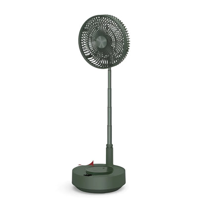 Green rechargeable floor fan with humidifier in extended position showing telescopic design