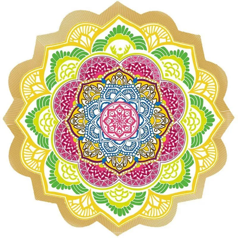 Round floor mat with polygon print and tassel trim, shown in available colours.