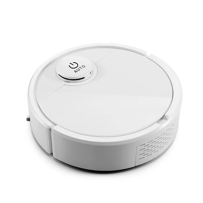 Automatic floor sweeping robot with a 28cm diameter, shown cleaning dust and hair.