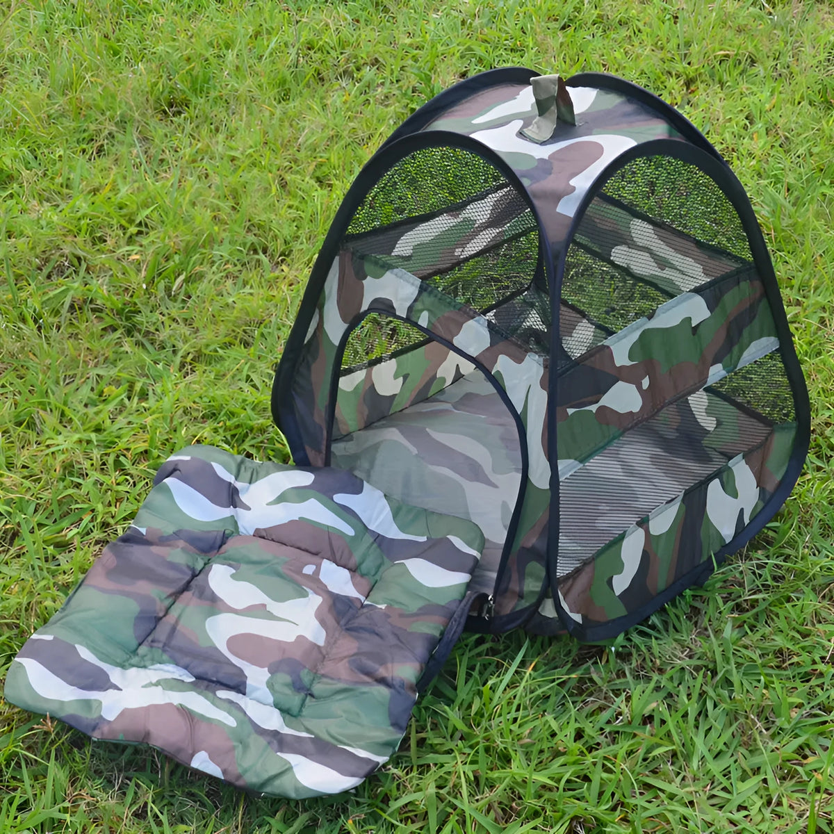 Camouflage cloth cat tent, 50x38x34 cm, soft-sided cage-style pet enclosure for indoor use