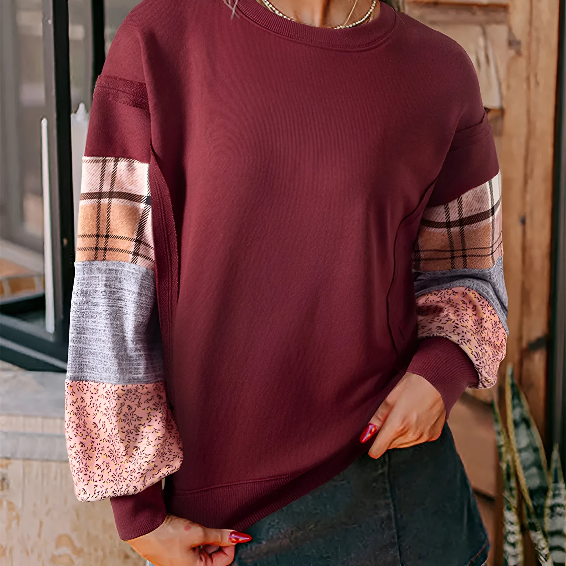 Women's beige and red plaid stitching long-sleeved polyester top with loose Japanese-Korean casual style
