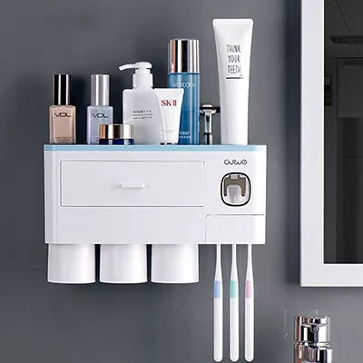 Non-marking hanging magnetic toothbrush holder with toothpaste squeezer and quick-drying cups