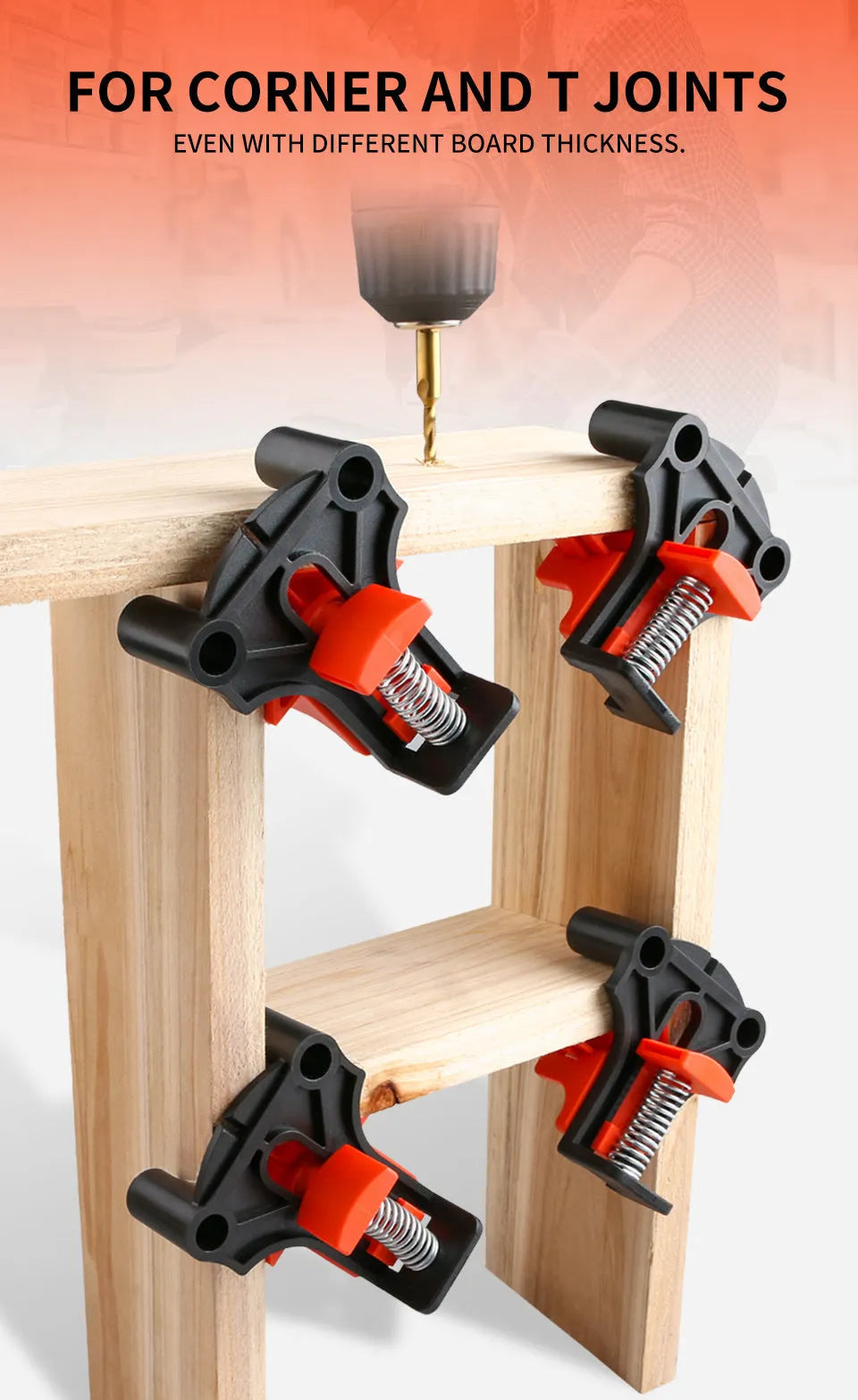 Four white plastic right angle clamps for woodworking and picture frame assembly on a workbench.