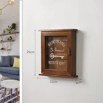 Vintage-style wooden key cabinet with 6 hanging hooks, available in blue and bronze colours