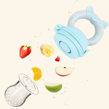 Silicone baby teether chew toy in blue, green, or pink for infant gum relief