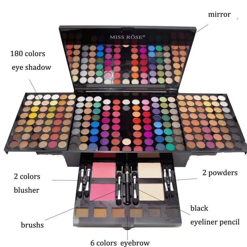 Piano-shaped makeup palette with 190 powder shades including eyeshadows, blushes and powders