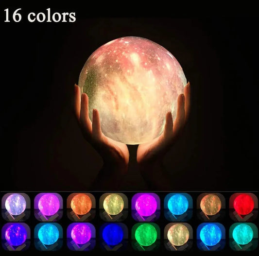 3D printed spherical lunar night light with LED illumination in 12cm, 15cm, or 18cm sizes showing colour changing modes