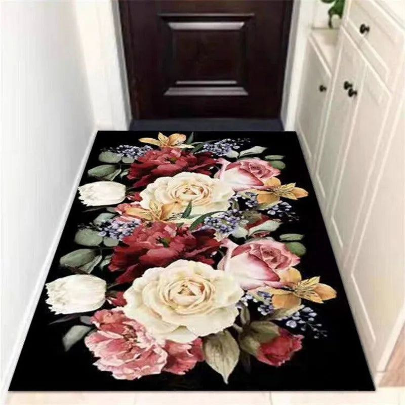 Black rectangular bedside carpet with anti-skid plastic points on bottom and soft felt interior.