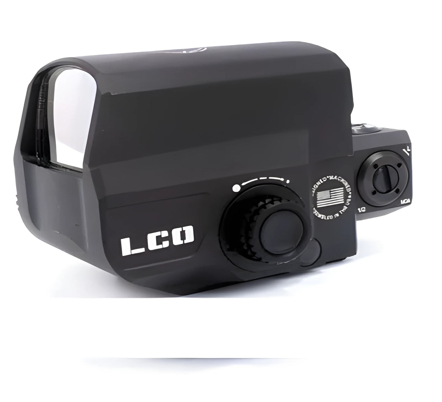 LCO tactical red dot sight mounted on rifle with holographic reflex display visible